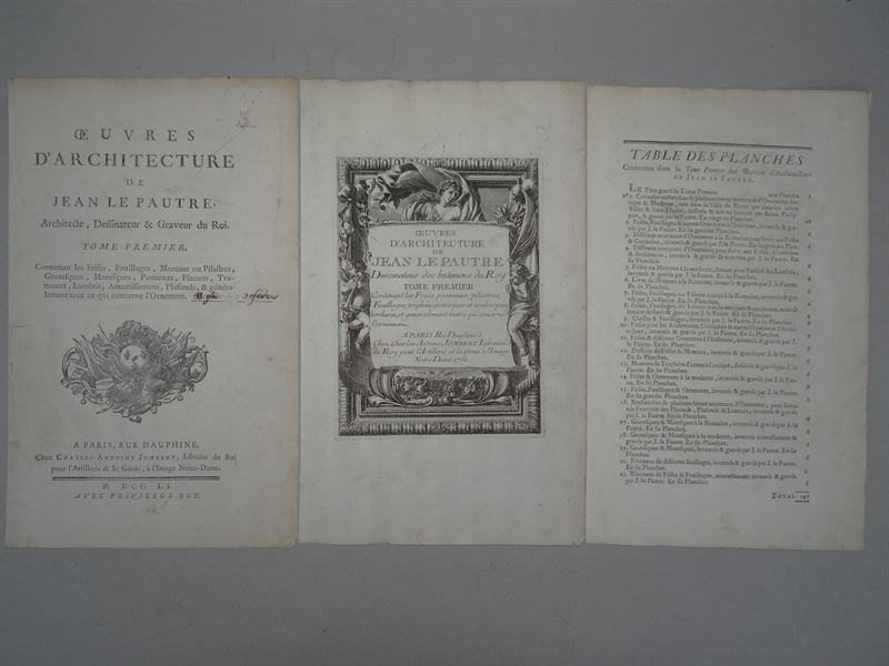 Frontispicio, portada e Indice, 1751 ( tres hojas). Le Pautre/Mariette/Jombert