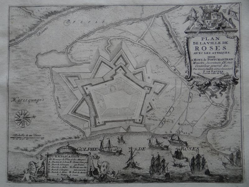 Mapa de la ciudad y puerto de Rosas (Gerona, España), 1694. Nicolás de Fer