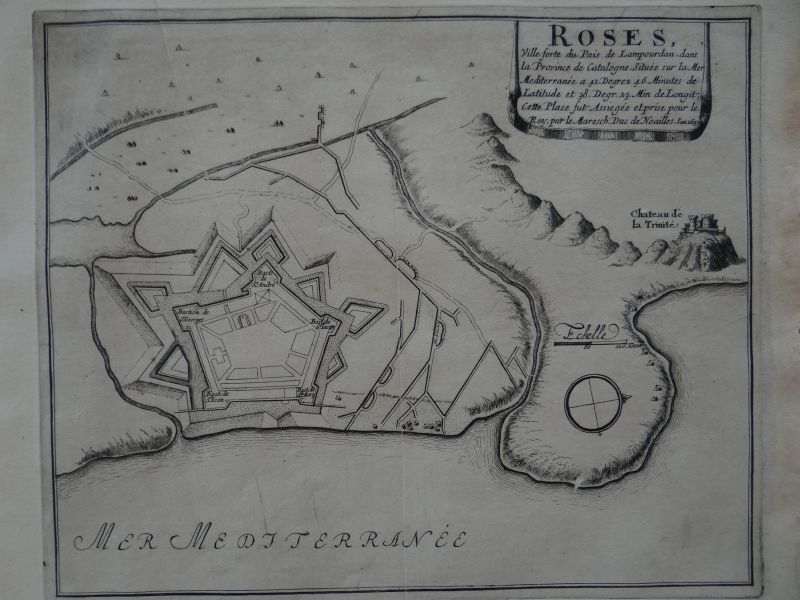 Mapa de la ciudad y puerto de Rosas (Gerona, España),1695. Nicolás de Fer