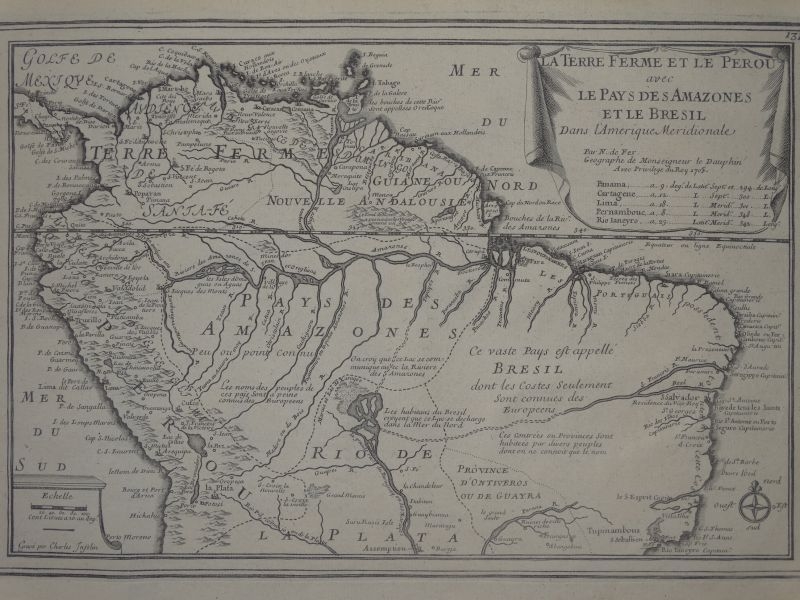 Mapa de Colombia, Perú, Venezuela, Guayanas, Amazonas y Brasil (América del sur), 1715. Nicolás de Fer/Inselin