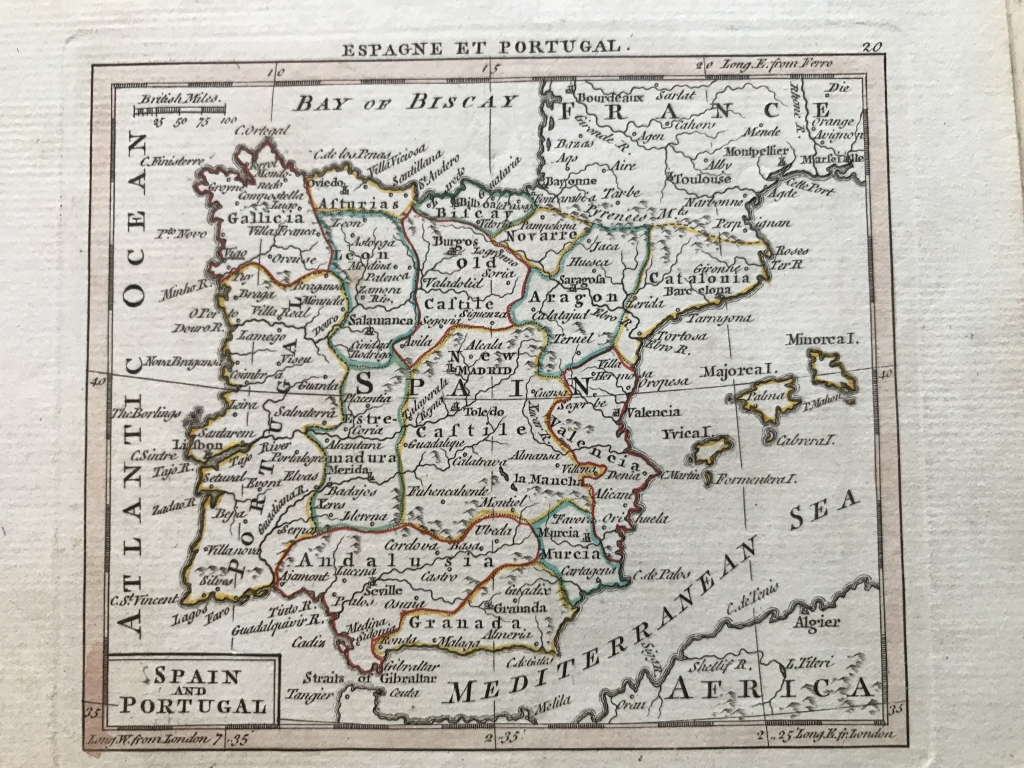 Pequeño mapa de España y Portugal, hacia 1770. Anónimo