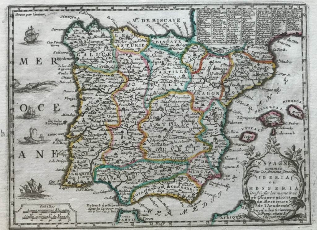 Mapa y texto informativo de Portugal y España, 1719. Jacques Chiquet