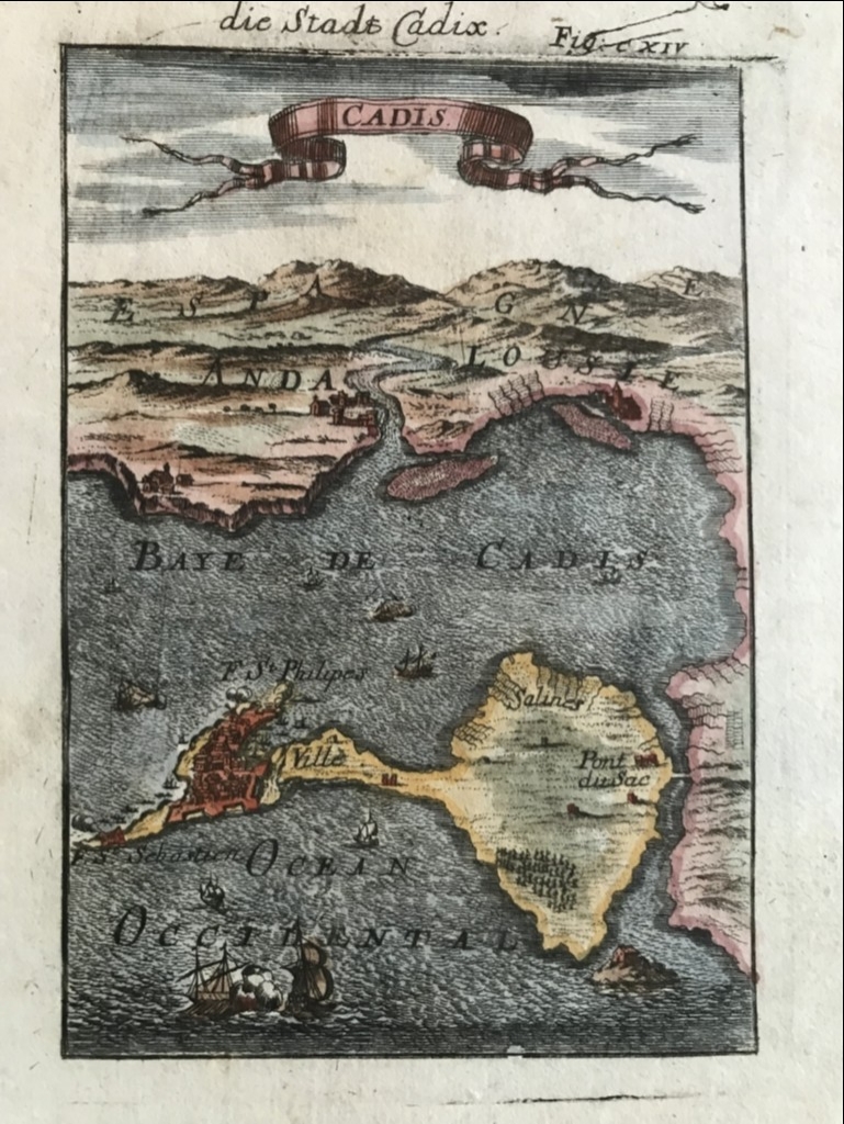 Mapa de la bahía y puerto de Cádiz  (España), 1686. A. Mallet