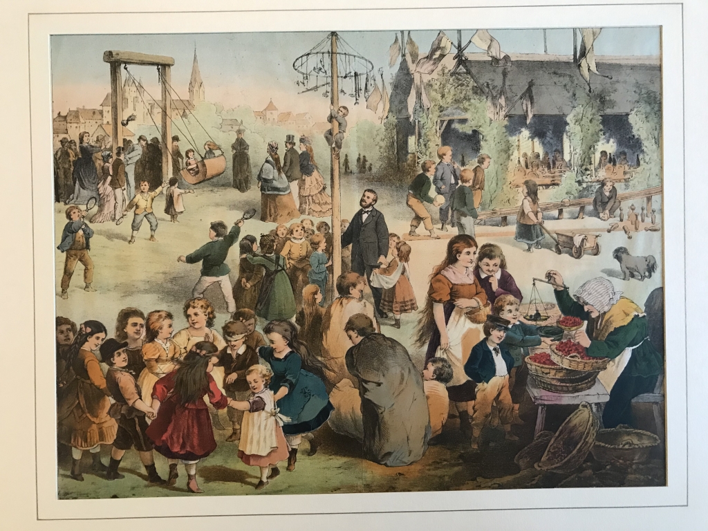 Juegos infantiles y diversión en fiesta campesina, hacia 1860. Anónimo alemán