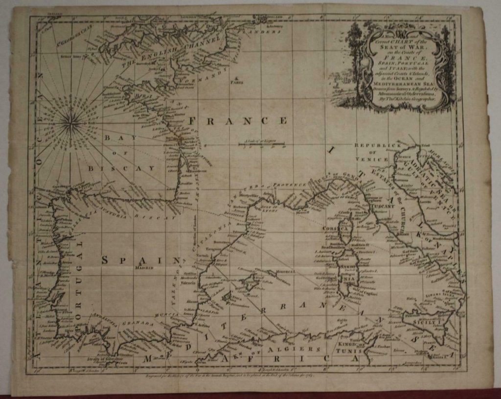 Carta náutica de Portugal, España, ...(Europa occidental) y Mediterráneo, 1763. Thomas Kitchin