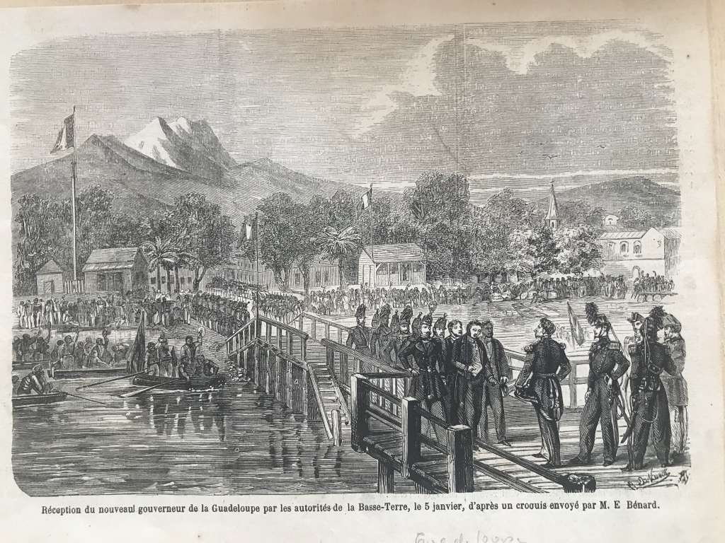Acontecimiento histórico en la isla de Guadalupe ( mar Caribe, América), 1860. M.E. Benard