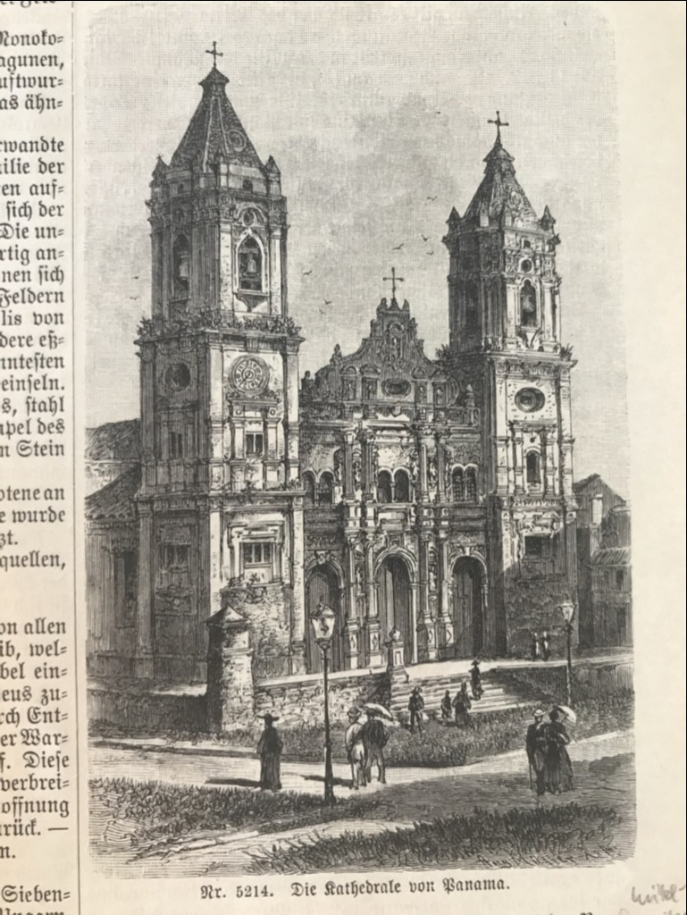 Vista de la fachada principal de la catedral de Panamá (América central), hacia 1870. Anónimo