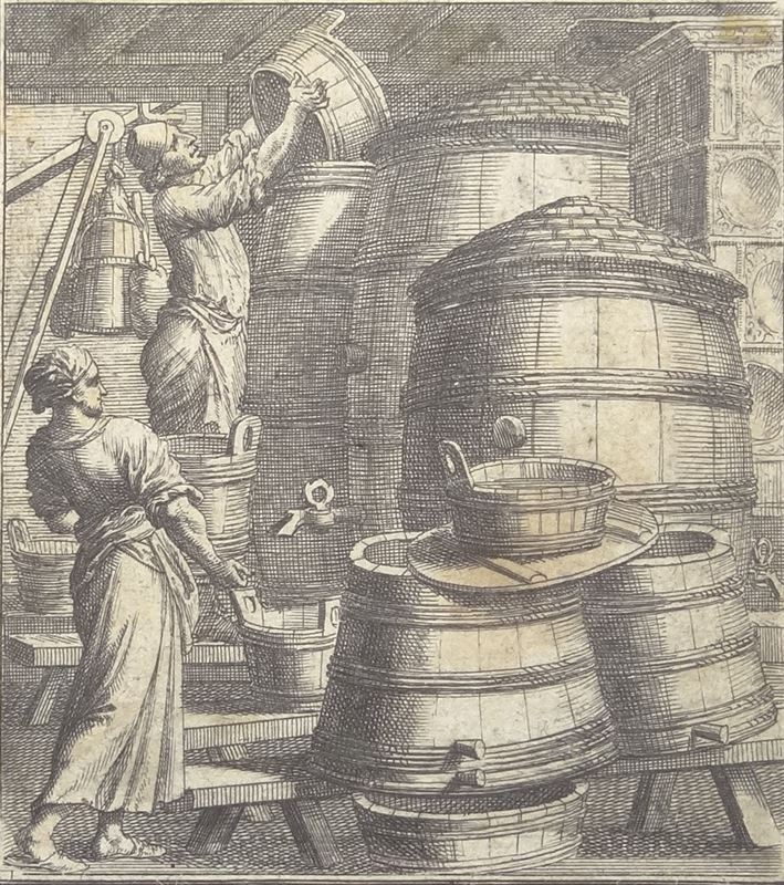 Elaborando vino, hacia 1750. Anónimo