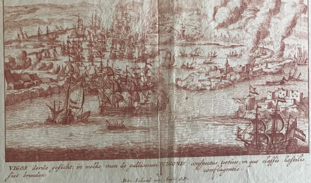 Plano y vista de la batalla naval de Rande o Vigo ( Pontevedra, España), 1710. Peter Schenk