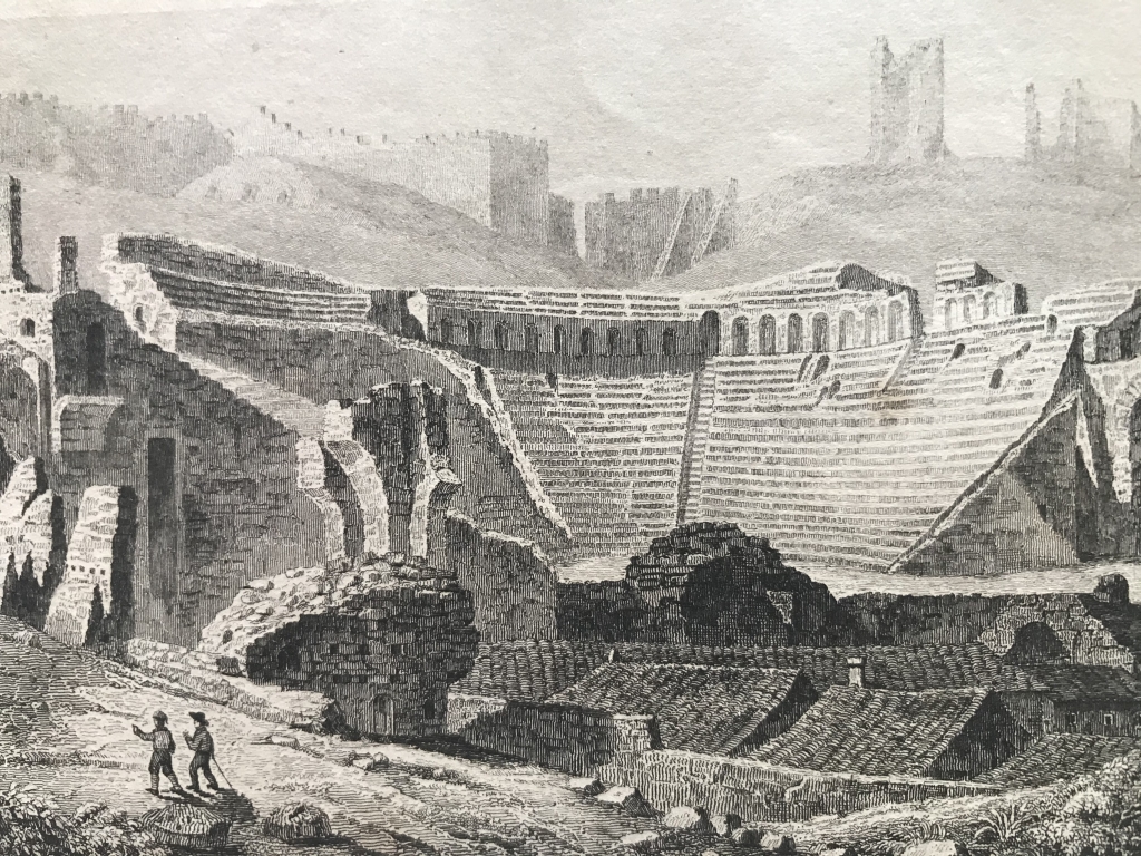 Vista del teatro romano de Sagunto (Valencia, España) hacia 1850. Guillaumot/Lemaitre