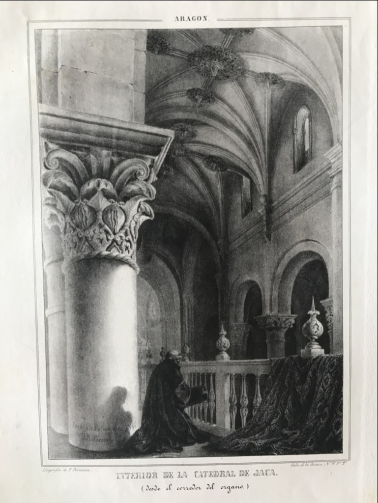 Interior de la catedral de Jaca en Huesca (Aragón, España), hacia 1840.  Parcerisa y Boada