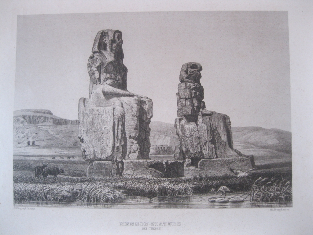 Vista de los colosos de Memnon, cerca de Luxor (Egipto) 1850. Inst. Hildburghausen