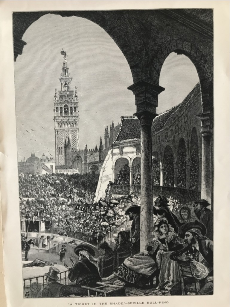 Vista de la plaza de toros y de La Giralda de Sevilla (Andalucía, España), hacia 1850. Anónimo