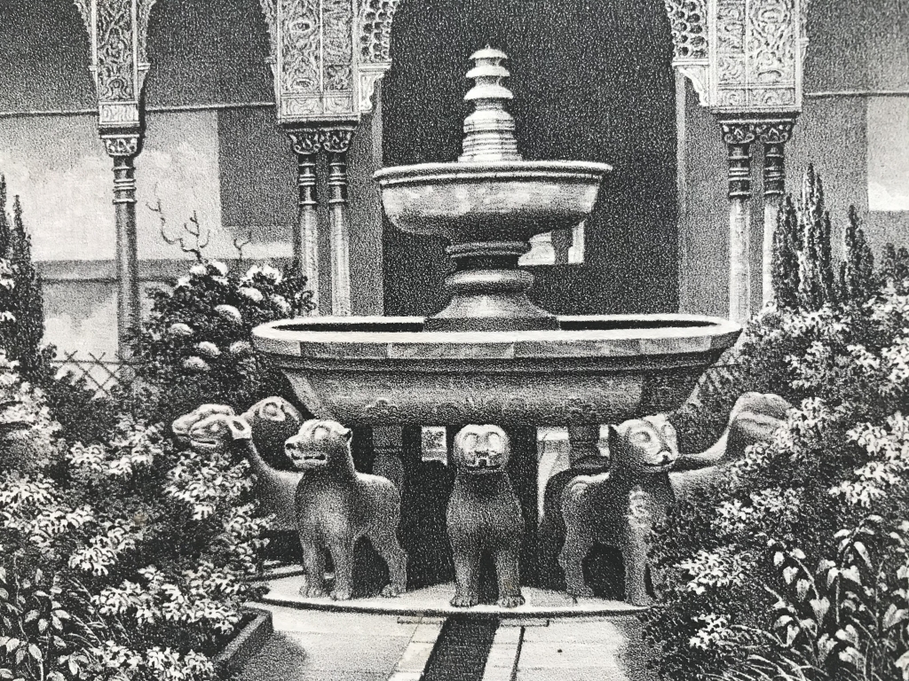 Vista de la Fuente de los Leones en La Alhambra de Granada (España), hacia 1850. A. Borndruck