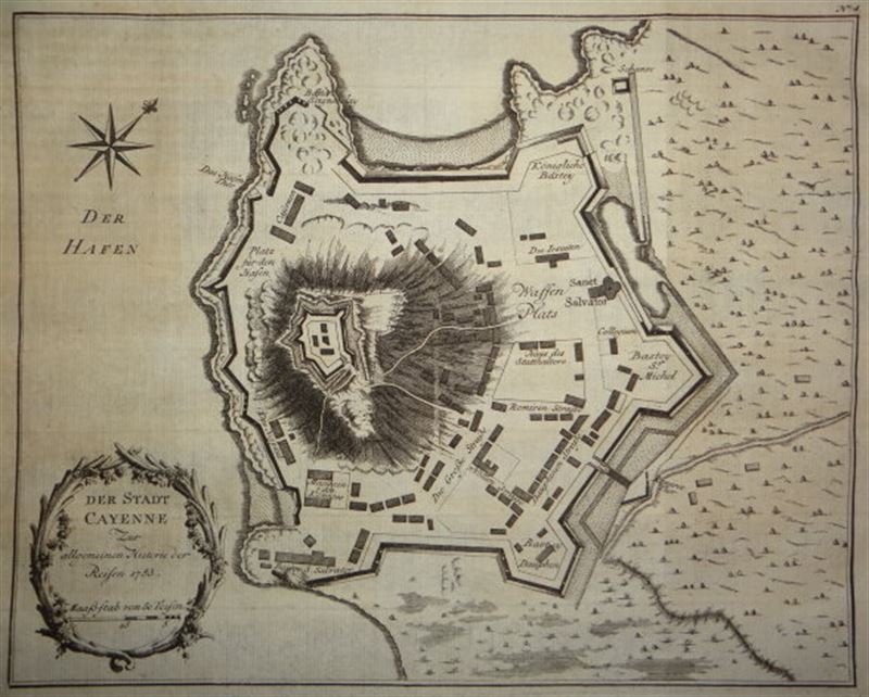 Plano de la ciudad de Cayena (Guayana, América del sur),  hacia 1753. Bellin/Prevost