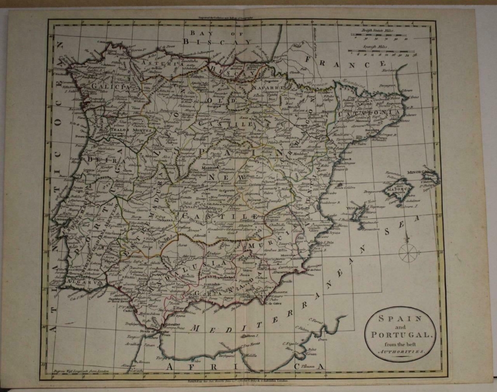 Mapa a color de Mapa y Portugal, 1785. William Guthrie