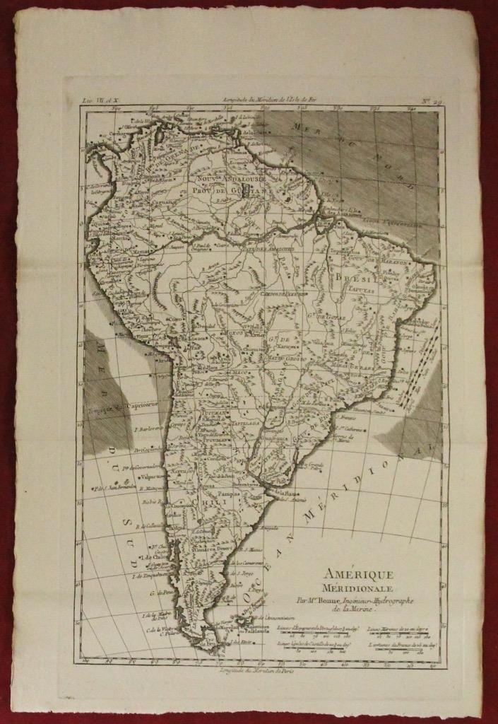 Mapa de América del sur, 1780. Bonne/Raynal