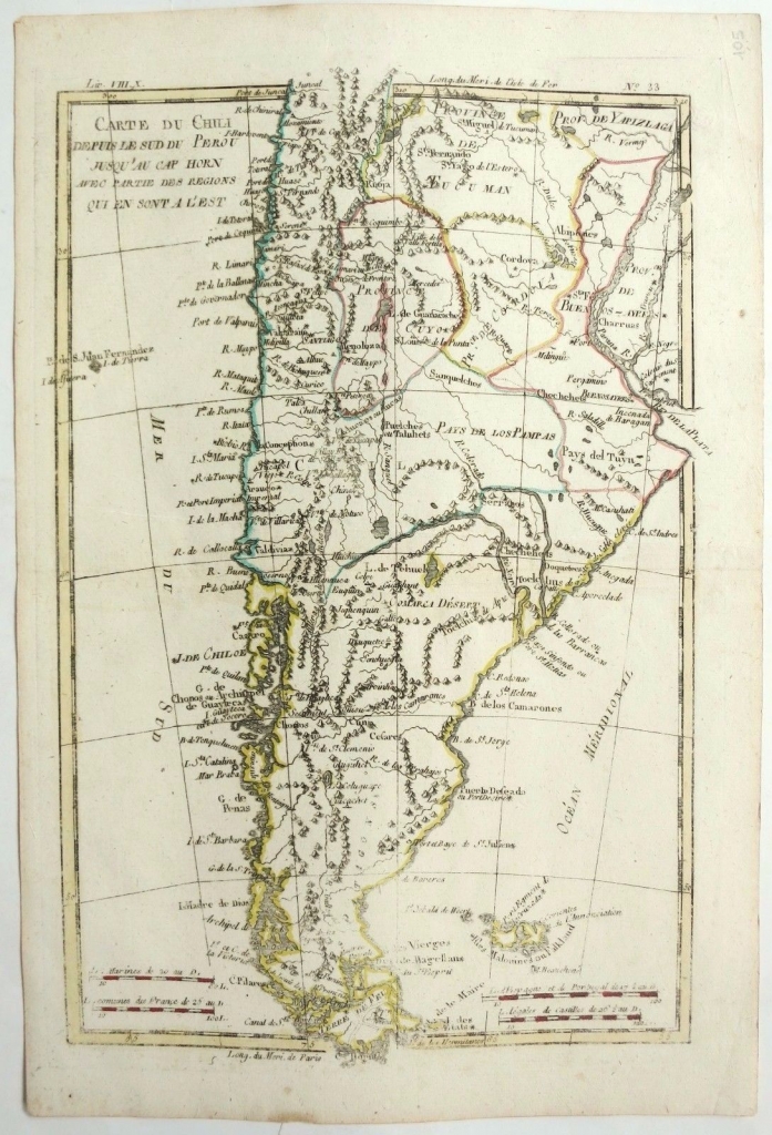 Mapa a color de Argentina y Chile (América del sur), 1780. Bonne/Raynal