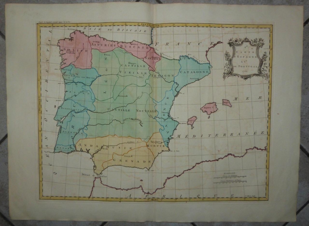 Gran mapa a color de España y Portugal, 1755. Pailaret