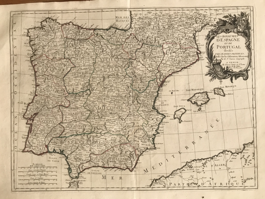 Gran mapa a color de España y Portugal, 1776. Janvier/Santini/Remondini