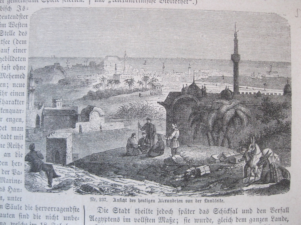 Vista del campo y el interior de la biblioteca en Alejandría (Egipto, África), ca. 1870. Anónimo