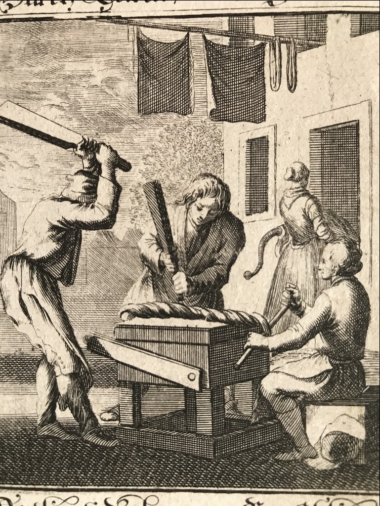 Hombres preparando telas, 1699. Luyken/Weigel