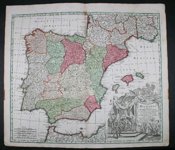 Gran mapa a color de España y Portugal, hacia 1750. M. Silva / Delisle / Seutter