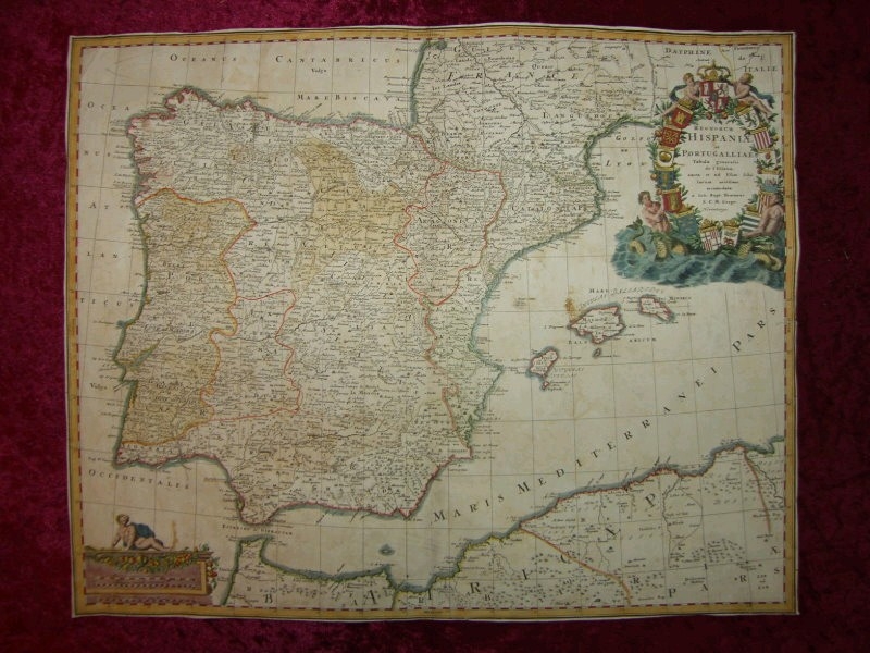 Gran mapa a color de España y Portugal, 1728. J. B. Homann