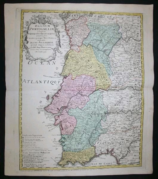 Gran mapa a color de Portugal, 1736. Homann/Nolin