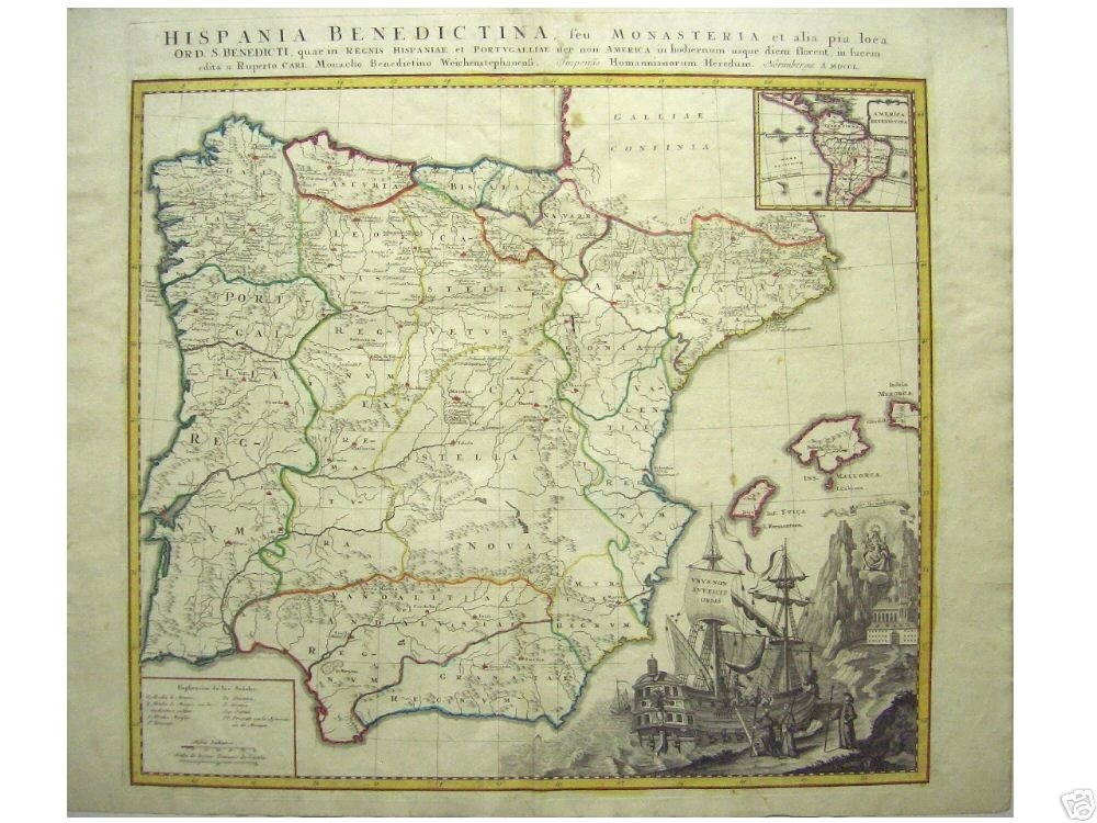 Mapa de “Hispania Benedicta”: Gran mapa de España y Portugal de R. Carl y Homann, 1750