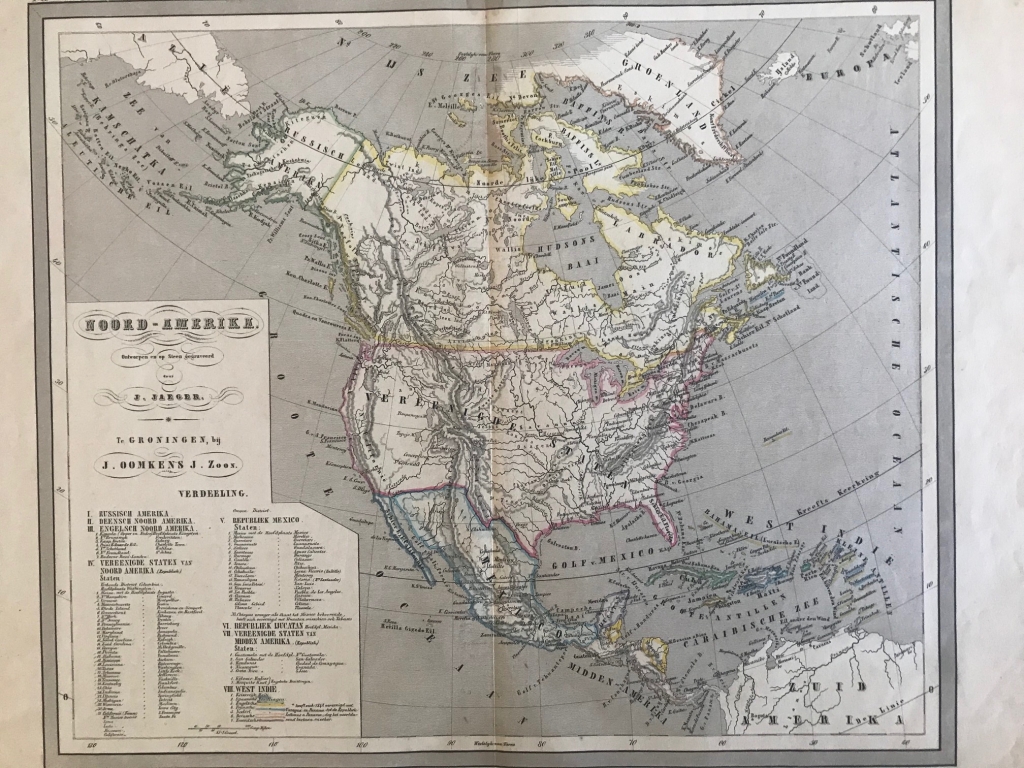 Mapa de América del norte, hacia 1860.  J. Oomkens / J. Zoon