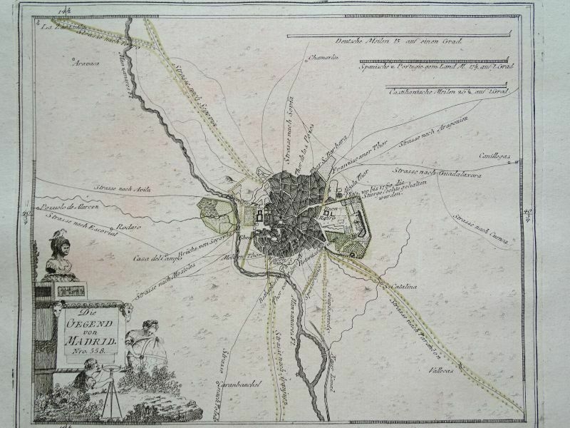 Mapa y plano de la ciudad de Madrid e inmediaciones (España), 1789. F. J. Joseph von Reilly