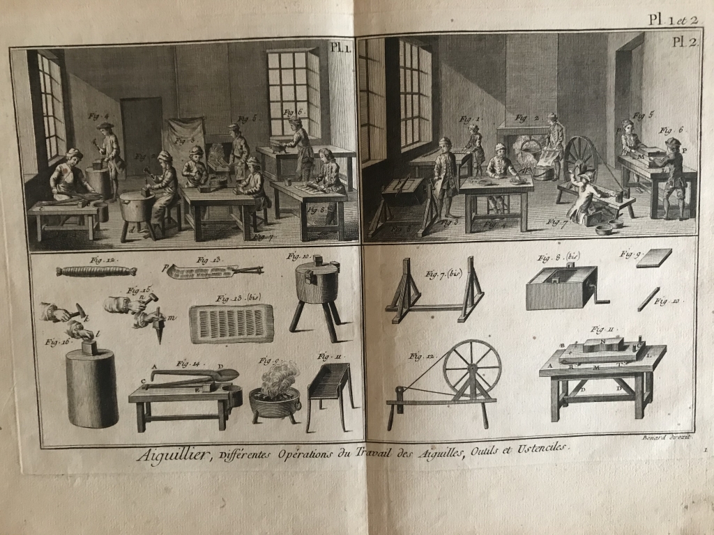 Fabricantes de agujas metálicas, hacia 1780. Bernard / Diderot / D'Alembert