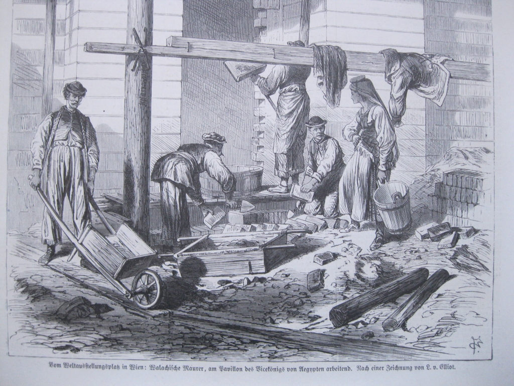 Cuadrilla de albañiles trabajando, hacia 1873. Anónimo
