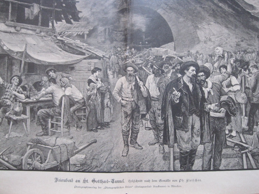 Fin de las obras en el túnel de S. Gotardo (Alpes suizos, Europa),  hacia 1881. Anónimo