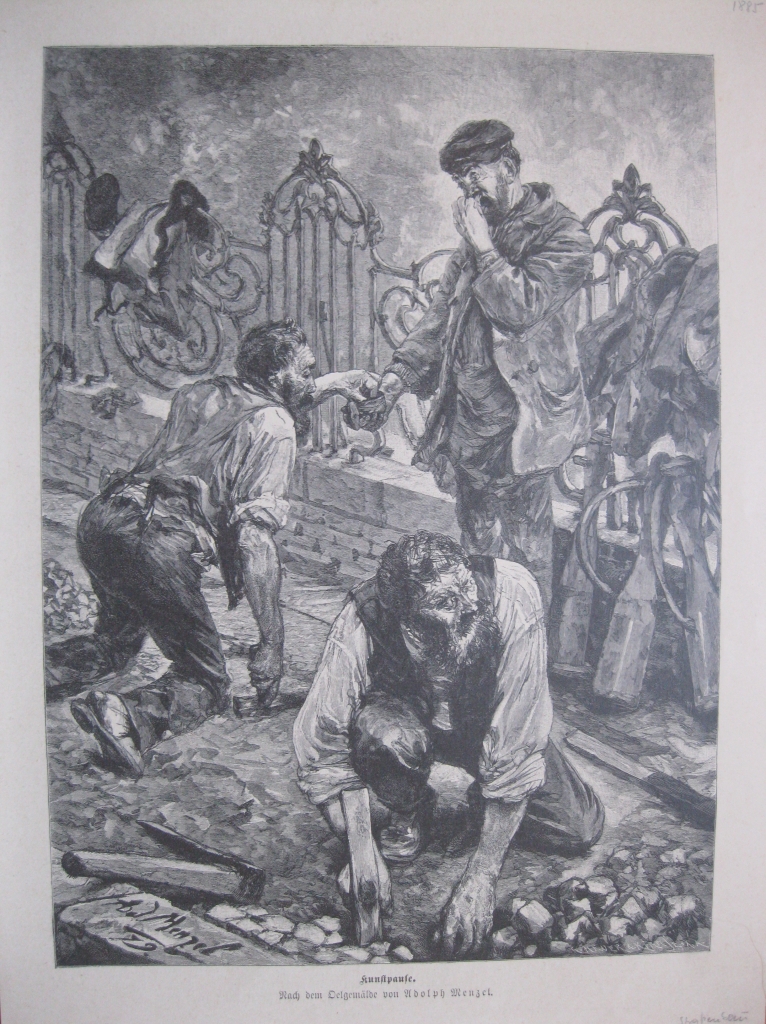 Canteros colocando un pavimento de piedras, hacia 1885.