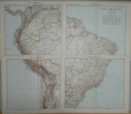 7 Grandes mapas a color de América del sur, hacia 1895. Stieler / Perthes