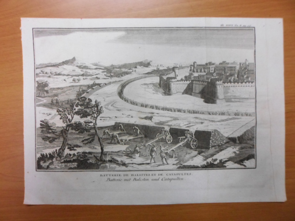 Asedio romano a una fortaleza con catapultas y grandes ballestas , Polybio -Trattner, 1759