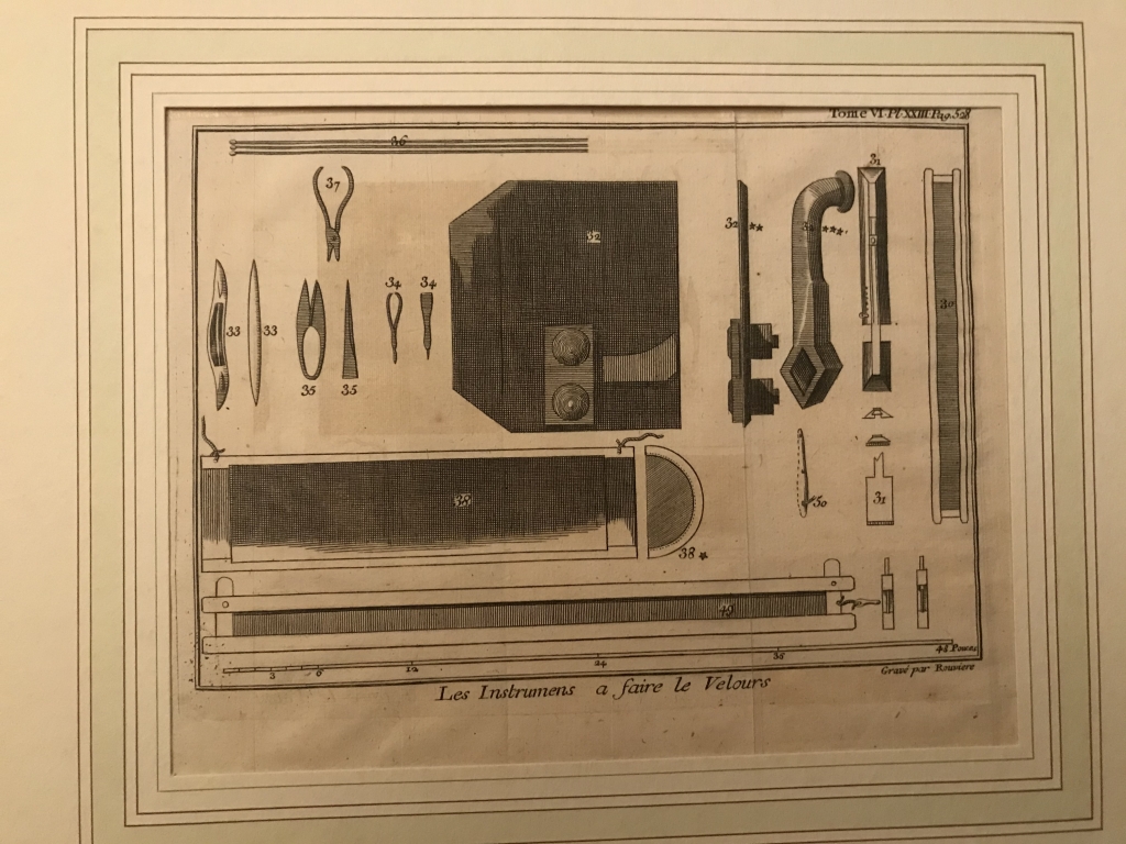 Instrumentos para fabricar terciopelo, hacia 1765. Rouviere