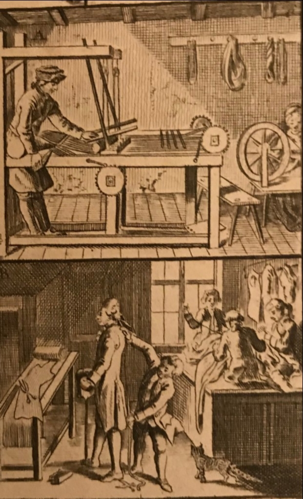 Tejiendo, hilando, cosiendo y vendiendo prendas textiles, hacia 1750. Anónimo.