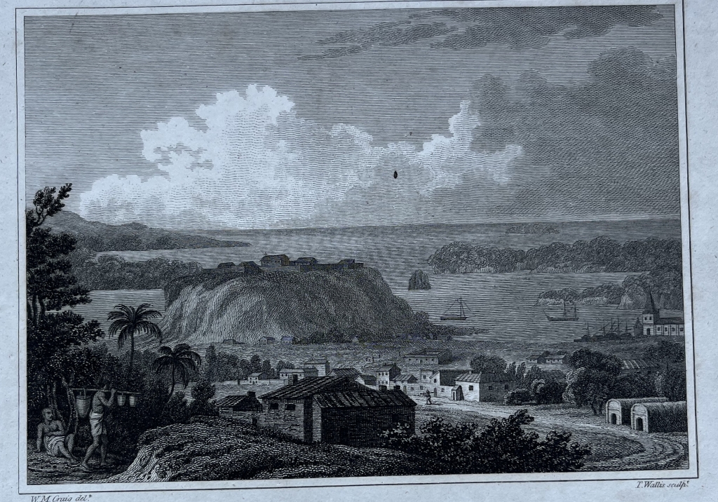 Vista del puerto y ciudad de Acapulco (México, América del norte), 1805. Graig y Wallis