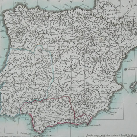 Mapa coloreado de Hispania de Anville, 1741