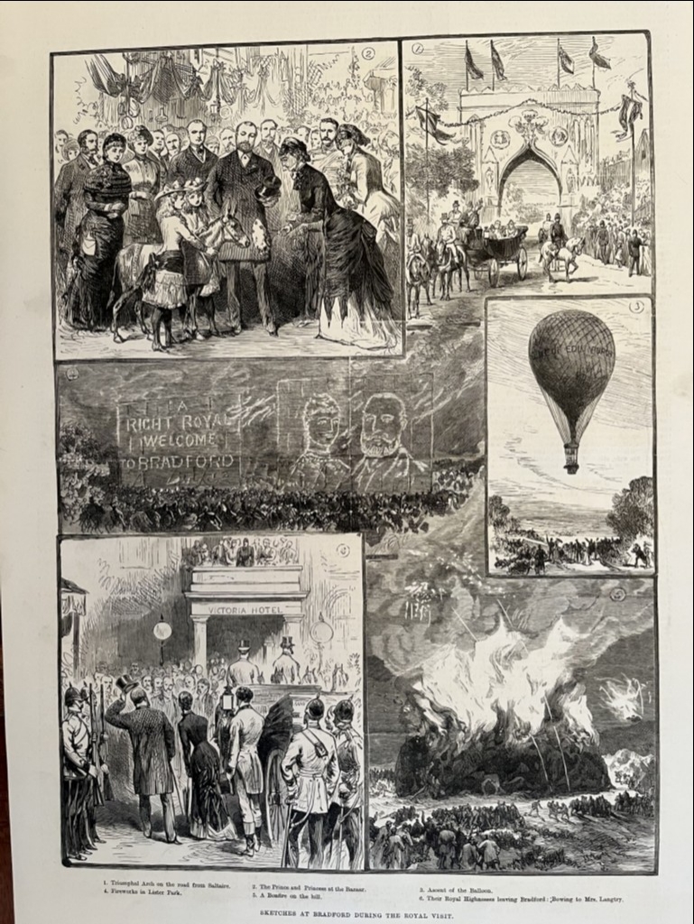 Globo aerostático y visita real a Bradford (Reino Unido), 1882. Anónimo