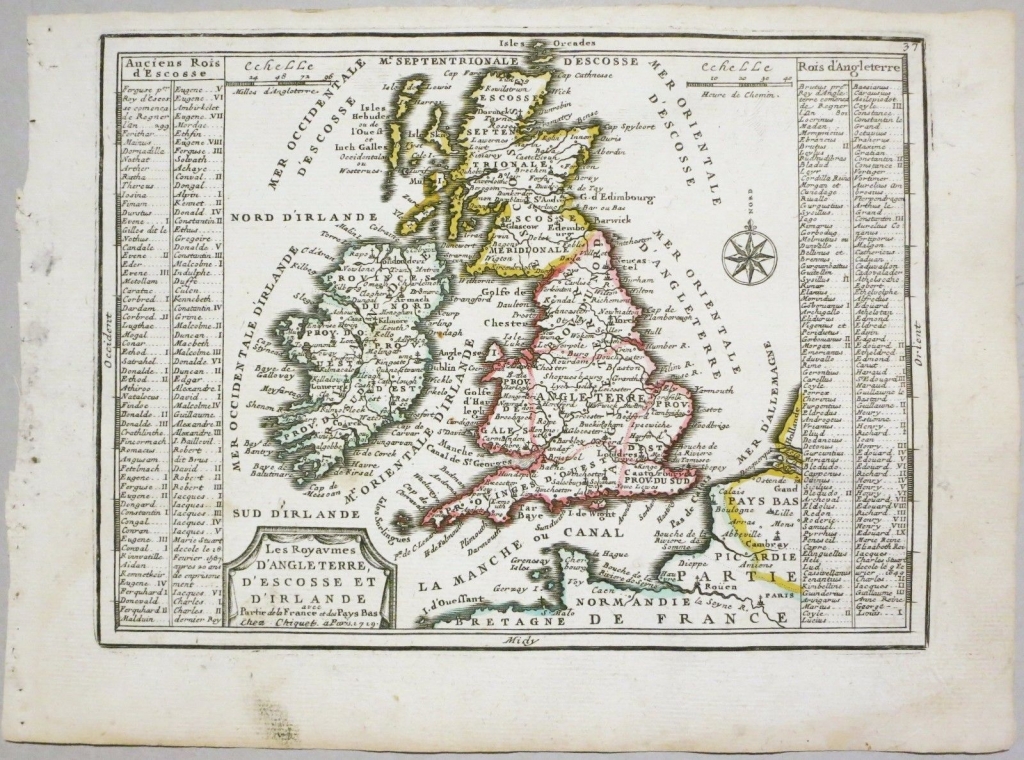 Mapa del Reino Unido e Irlanda, 1719.Jacques Chiquet
