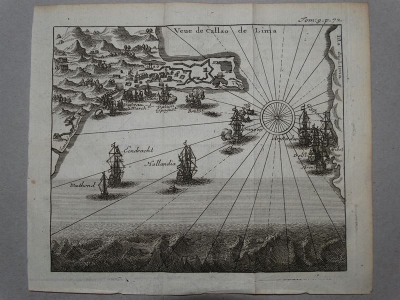 Vista y plano del puerto de El Callao de Lima, Perú, 1702. Renneville