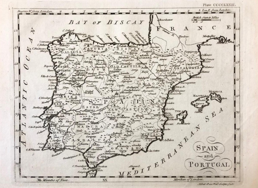 Mapa de España y Portugal, hacia 1790. Andrew Bell