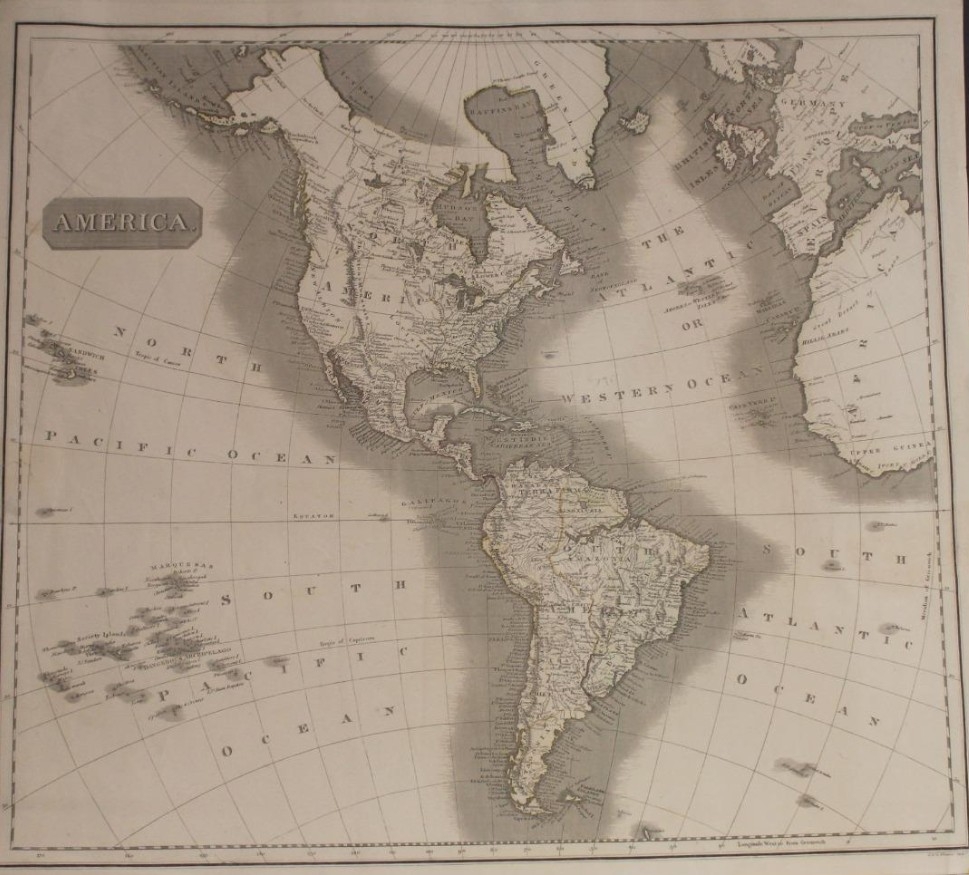 PLANO DE AMÉRICA Y OCÉANOS ATLANTICO Y PACÍFICO, 1827. THOMSON / MEZIES