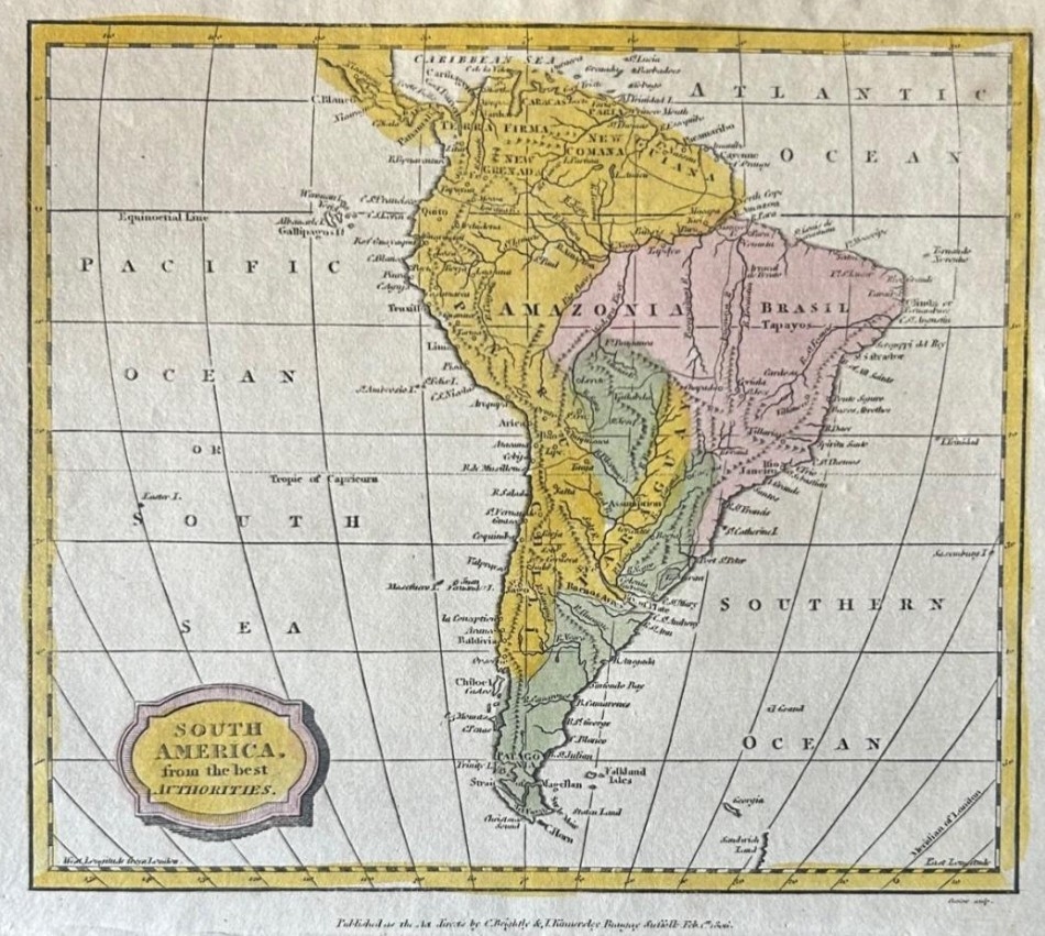 Mapa a color  de América del sur, 1806. Barlow / Brightly y Kinnersley