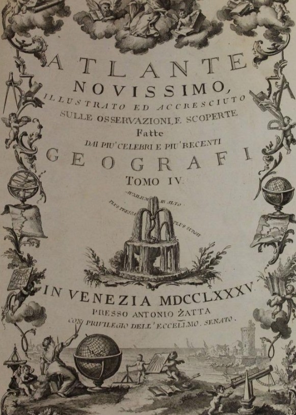 Gran frontispicio o página de título de atlas, 1780. Zatta/Nouelli/Zuliari