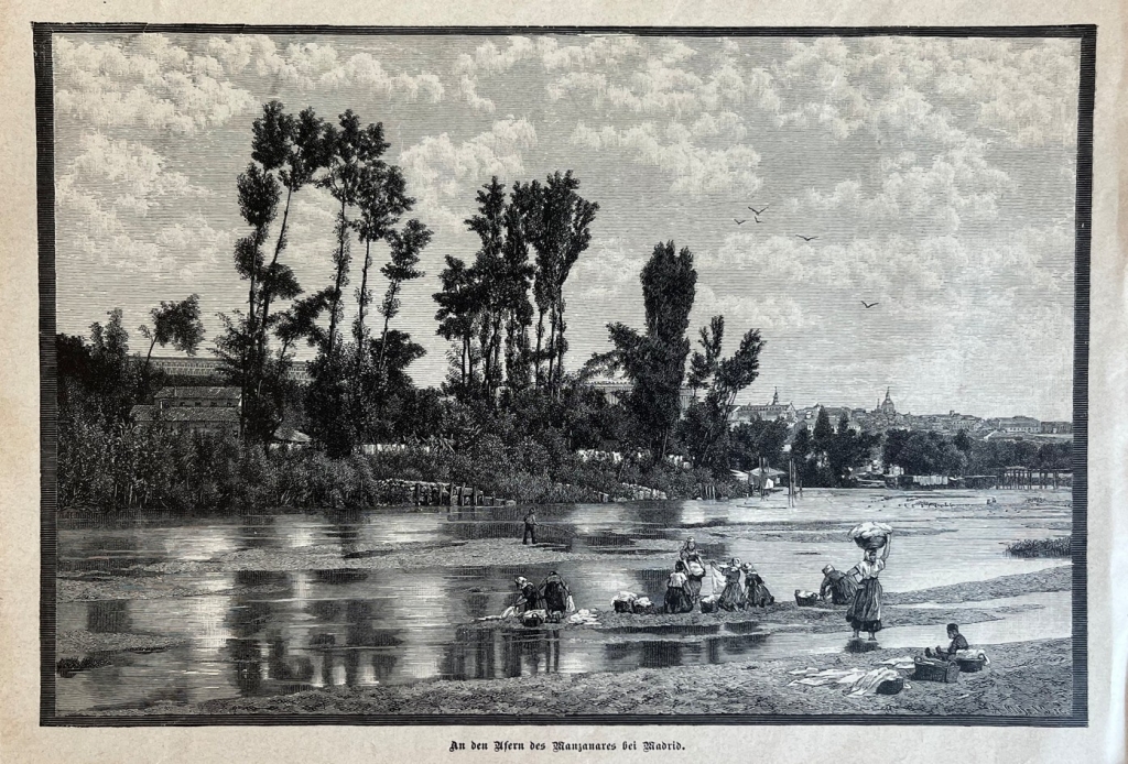 Vista del río Manzanares con lavanderas (Madrid, España), hacia 1880.